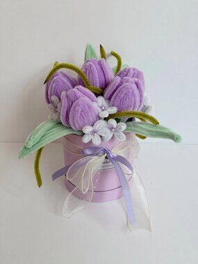 Handmade Velvet Pipe Cleaner Tulip Bouquet in Gift Box - Purple Forever Flowers